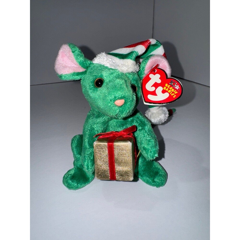 2003 Vintage Ty Beanie Babies TIDINGS Christmas Mouse Green Plush w Gift B6